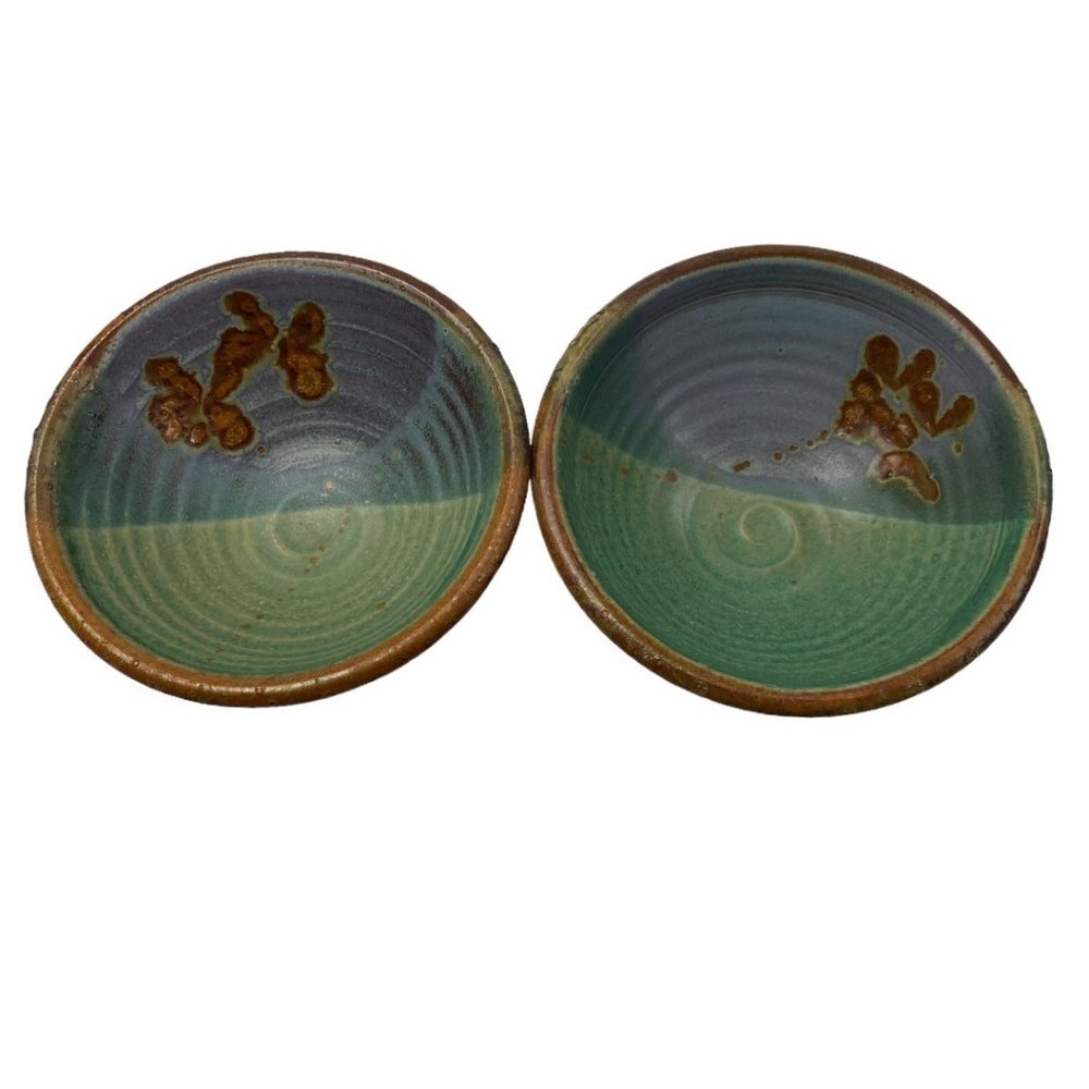 Vintage Studio Pottery Rice Bowls Blue and Green Dishes 2 Piece Set 5.5”